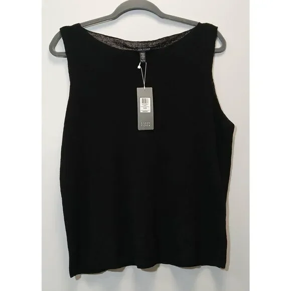 Eileen fisher womens xl linen knit tank shell top black boat neck shirt - Picture 5 of 9